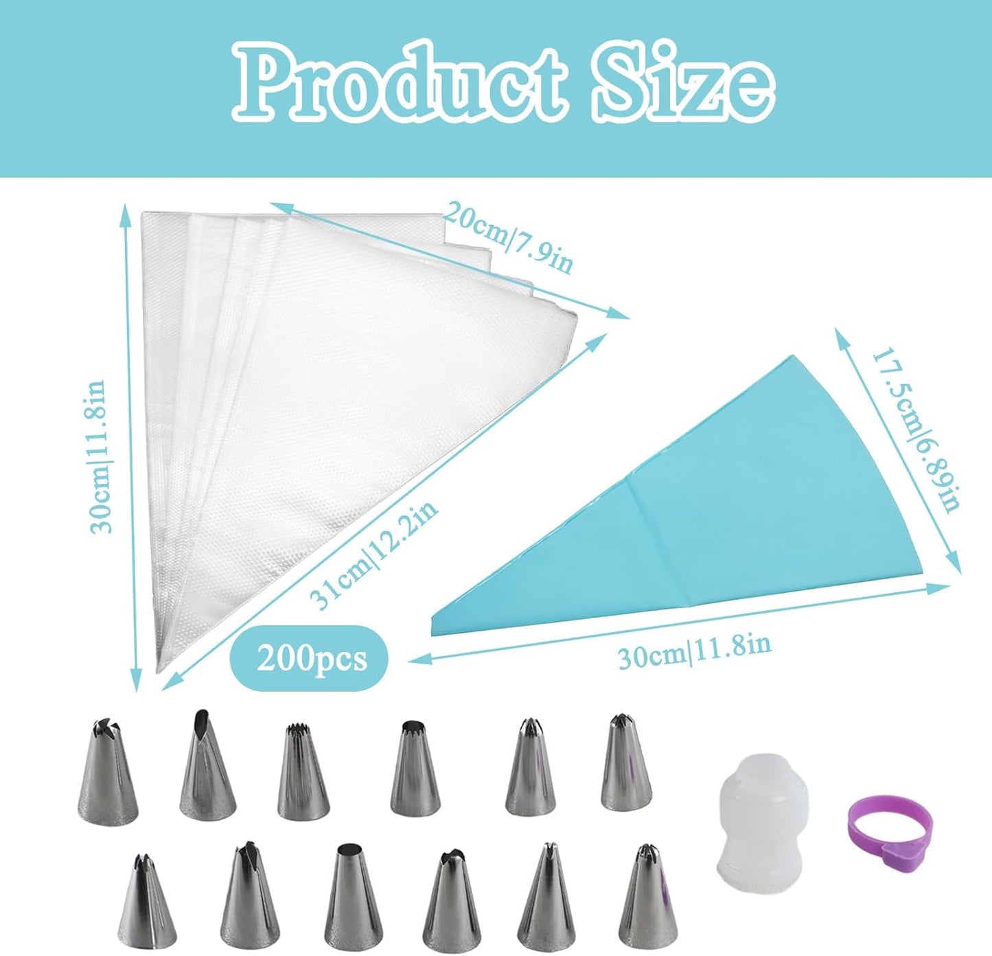201 Pieces Pastry Bags, Non-slip Piping Bags Disposable with 12 Pieces Decorating Nozzle, 2 Pieces Converter and 2 Pieces Decorating Bag Tie for Cakes, Cream Frosting