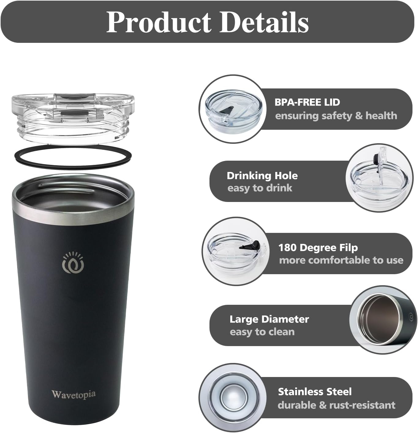Insulated Coffee Mug with Lid, Reusable Stainless Steel Travel Coffee Cup, 16 Oz Double Wall Vacuum Spill Proof Tumbler Cups for Men and Women Hot & Cold Drinks（Black）
