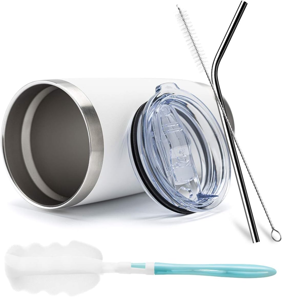 COMOOO 20oz White Tumbler Double Wall Vacuum Insulated Coffee Travel Mug Stainless Steel Tumbler Bulk with Lid and Straw Powder Coated Insulated Coffee Cup for Cold & Hot Drinks (White, 6 Pack)