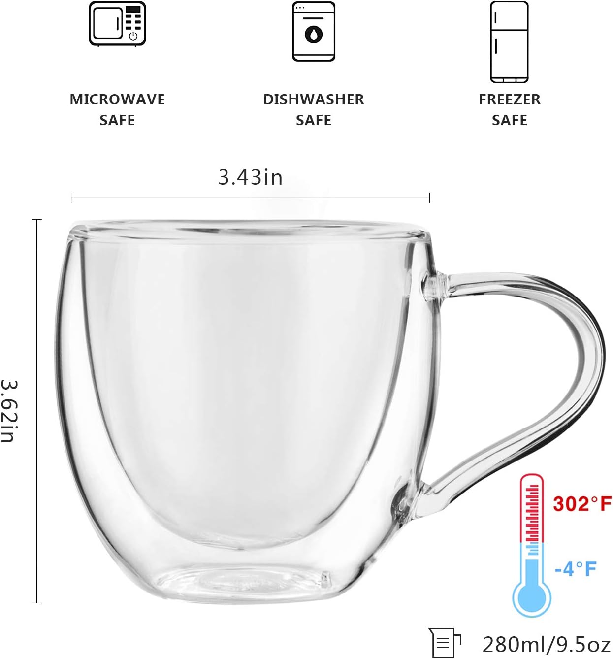 CNGLASS Double Wall Glass Coffee Mugs with Handle,10oz Clear Insulated Glass Espresso Cups for Hot and Cold Beverages,Latte,Cappuccino,Set of 2