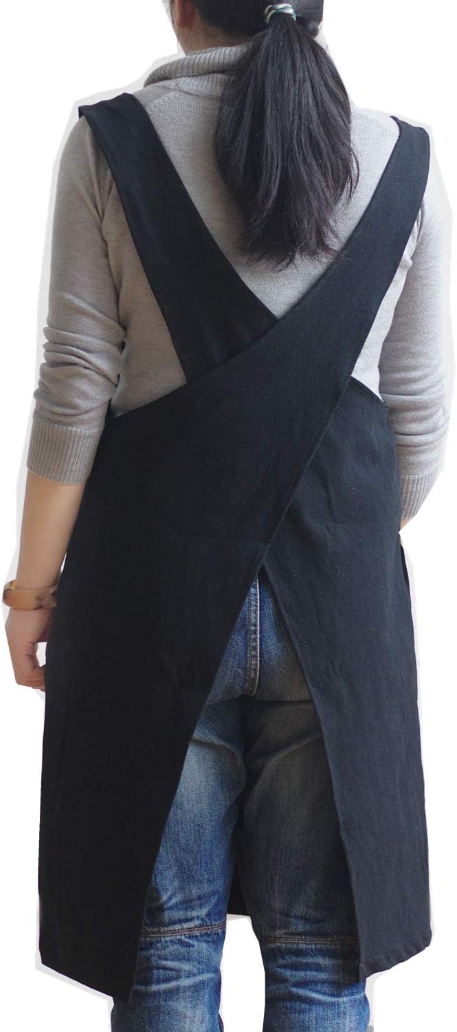 Cotton Linen Japanese Apron Halter Cross Back Bandage X Shape Aprons Two Pockets