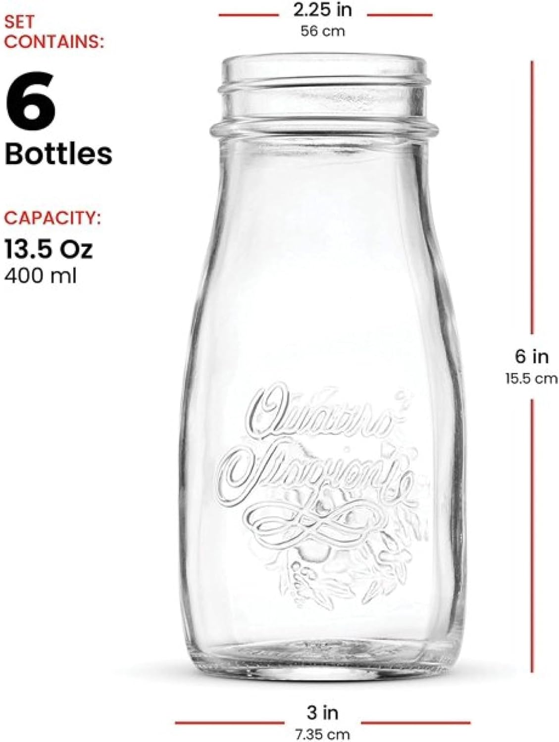 Bormioli Rocco Quattro Stagioni Bottles, Set of 6-13.5 Oz. Clear Glass with Twist Lids for Food Preserving, Beverage Serving, Homemade Gifts, Sauces & Infused Drinks - Airtight, Made in Italy