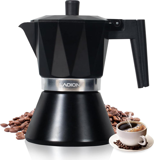 Moka Pot, 6-Cup Espresso Maker, 300ml Portable Stovetop Espresso Maker, Percolator Coffee Pot Compatible with Induction Cooktops, Suitable for Home and Camping (Black)