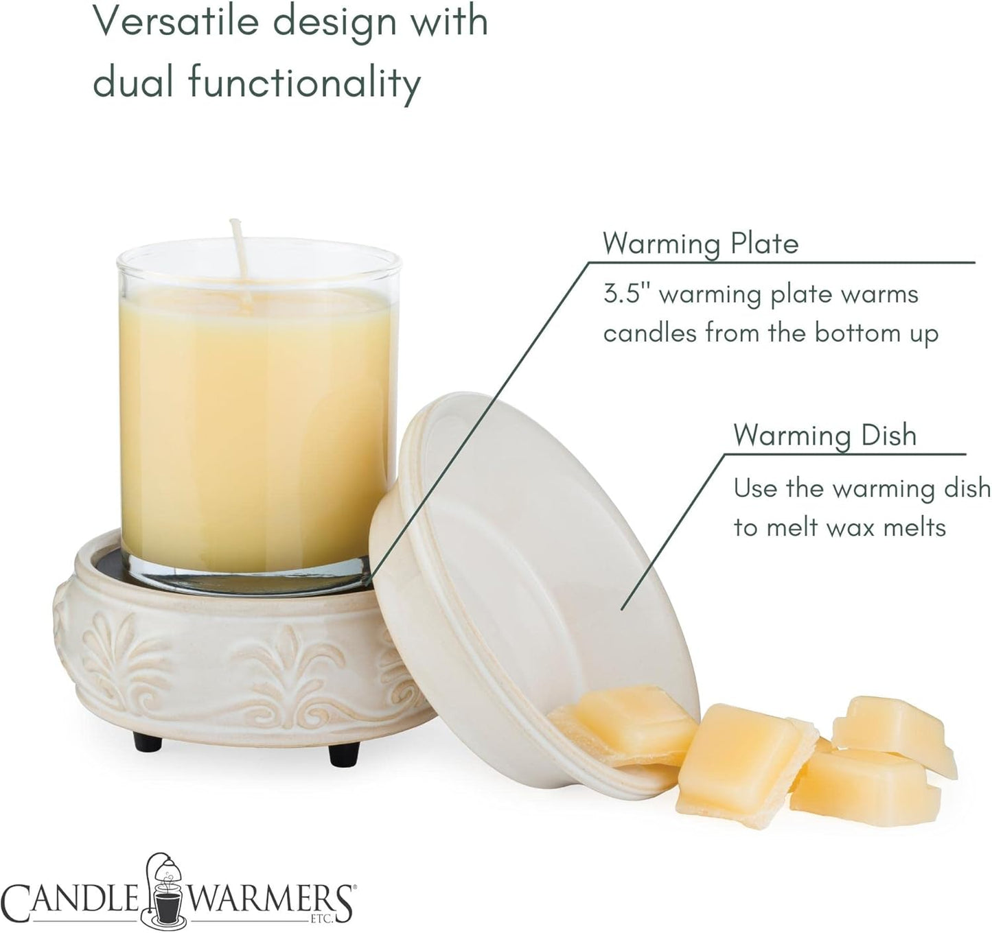 Candle Warmers Etc 2-In-1 Candle and Fragrance Warmer For Warming Scented Candles or Wax Melts and Tarts With To Freshen Room, Sandstone
