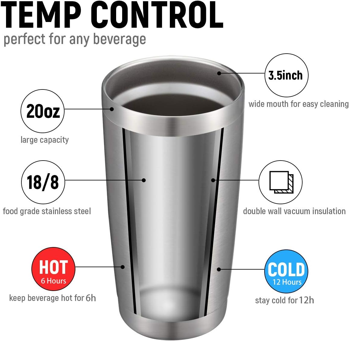 COMOOO 20oz Stainless Steel Tumbler Double Wall Vacuum Coffee Cup Insulated Travel Mug with Lid and Straw Durable Powder Coated Insulated Coffee Cup for Cold & Hot Drinks (Silver, 12 pack
