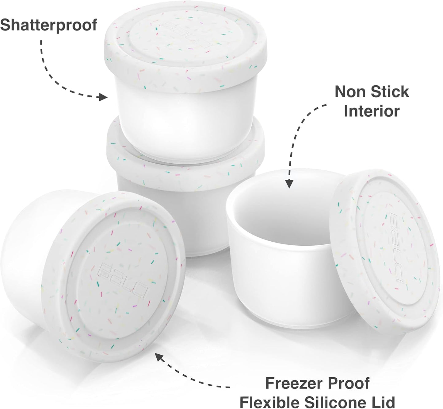 BALCI - 8oz Mini Ice Cream Containers with Silicone Lids (Set of 4) - Freezer Food Storage Containers, Reusable, LeakProof, For Homemade IceCream Containers - White with Sprinkles