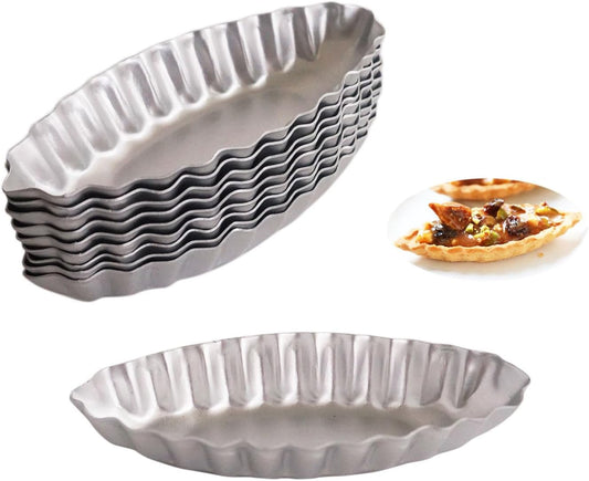 10PCS Aluminum Boat Tart Pan, Fluted Oval Tart Mold, Small Boat Shape Baking Mold, Wavy Tartlet Pie Pans, Pudding Molds Flower Edge Trays Specialty Design - Silver