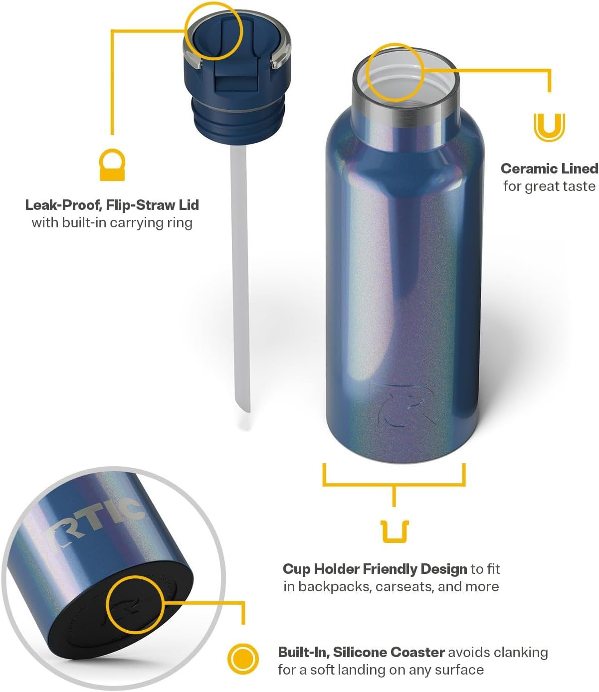 RTIC 16oz Journey Bottle Metal Stainless Steel Vacuum Insulated, BPA Free, Reusable, for Water, Hot and Cold Drinks, Travel, Sports, Camping, Pond Glitter