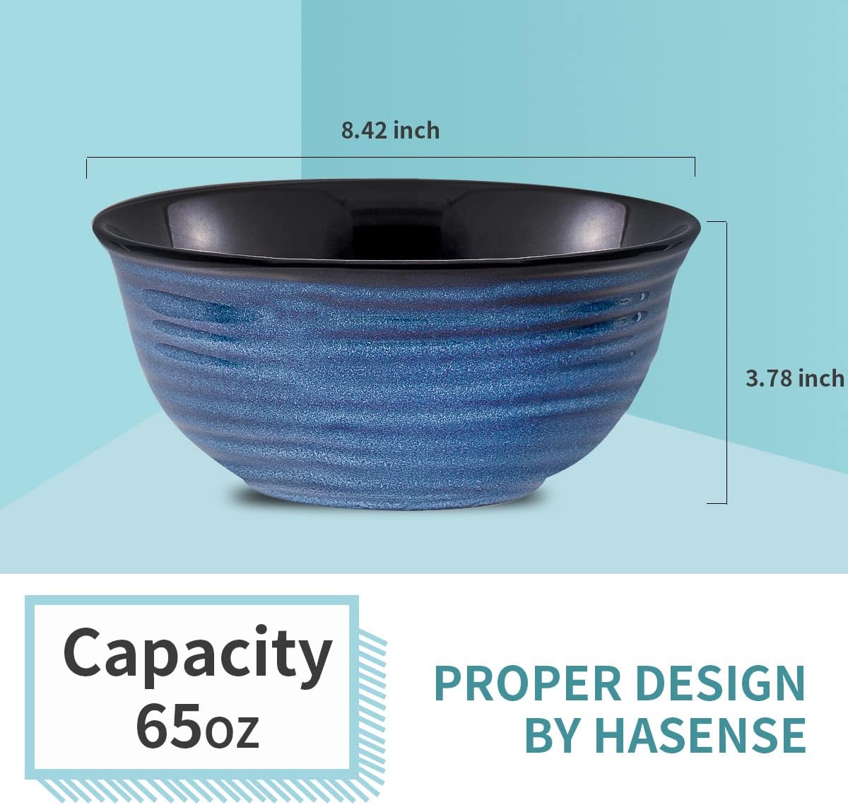 Hasense Ceramic Salad Bowls, 8.5 Inch Large Serving Bowls, 60 oz Serving Dishes for Entertaining Soup Pasta Ramen Pho Fruit Popcorn, Dishwasher and Microwave Safe, Set of 2, Navy Blue