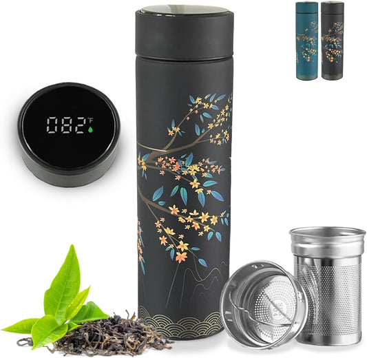 Farasi Tea Infuser for Loose Leaf Tea Smart Water Bottle with Fahrenheit Temperature Display, Stainless Steel, Insulated Coffee and Fruit Tea Infuser Bottle - Black Floral Tea Mug 15 oz
