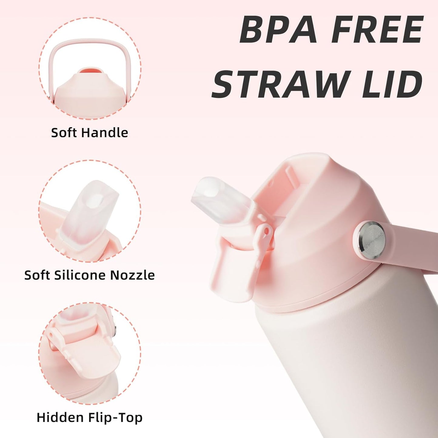BJPKPK Insulated Water Bottle with Straw Lid, 18oz Thermos Water Bottles, Flex Handle & Non-slip Boot, BPA Free Leak Proof Stainless Steel Metal Thermos, Tumblers, Cups,Pearl Pink