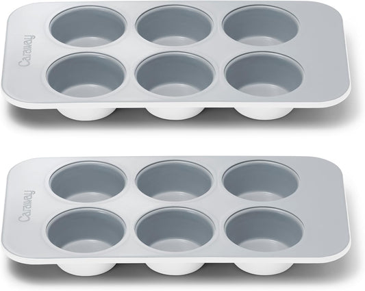 Caraway Nonstick Ceramic 6 Cup Muffin Pan Duo – Non-Toxic, PTFE & PFOA Free – Oven Safe – Aluminized Steel Core – Small Muffin Pan for Baking Cupcakes, Muffins & More - White