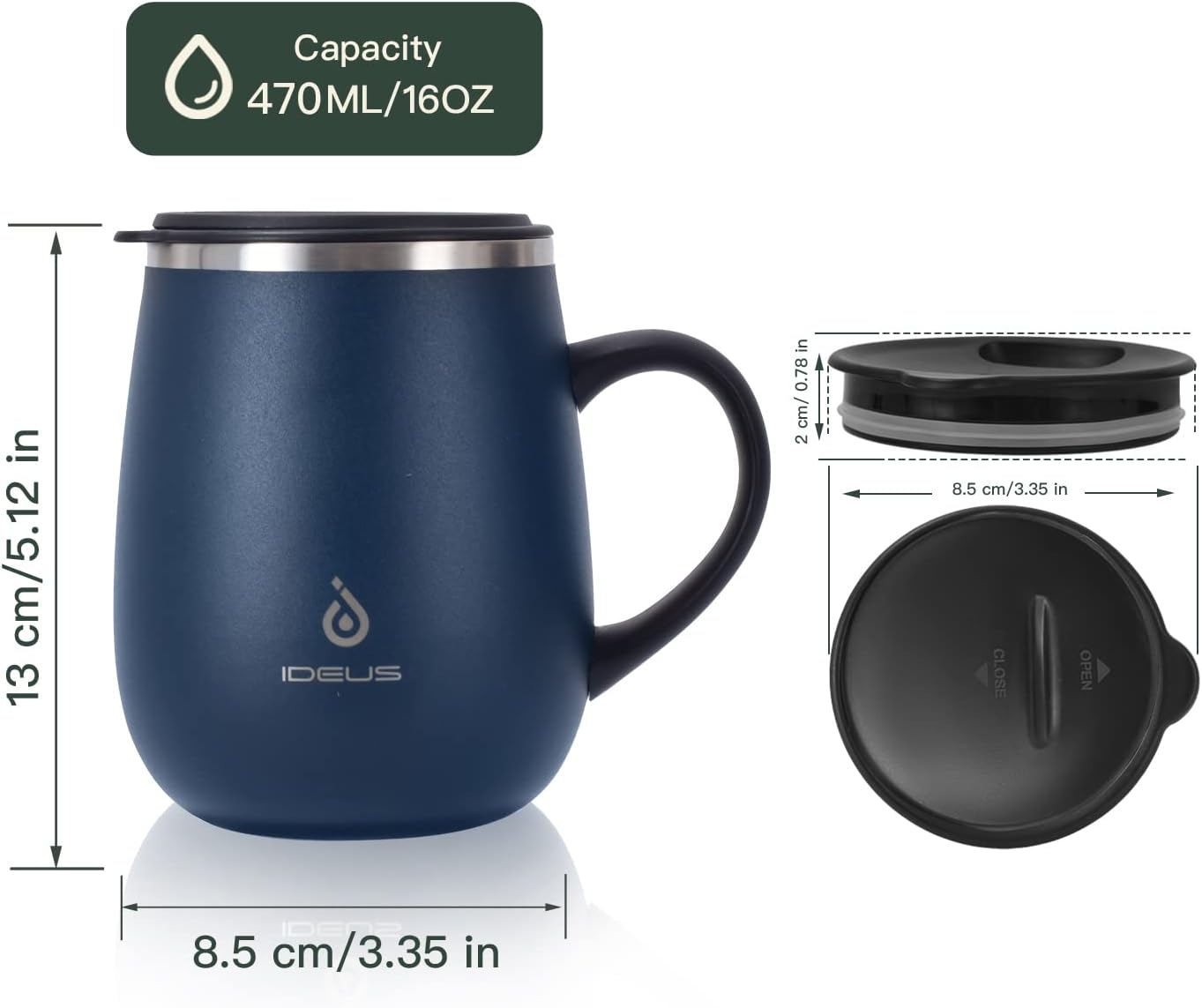 Ideus 16 oz Insulated Coffee Mug with Handle and Lid, Double Wall Stainless Steel Vacuum Thermal Coffee Mug, Travel Coffee Cup Thermal Cup for Home and Office, Navy Blue