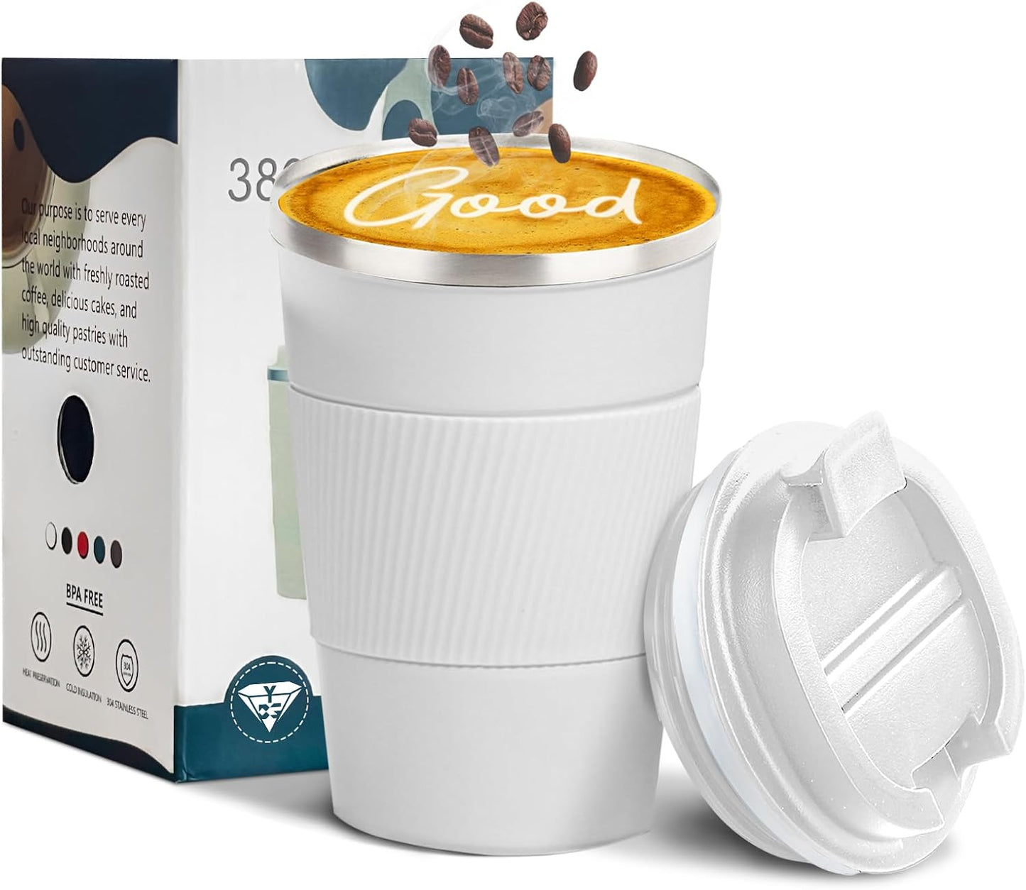 YINBAOGE Insulated Travel Coffee Mug Spill Proof Leak Proof Pobtable To Go Camping Stainless Steel Coffee Tumbler Reusable Coffee Cups with Lids Thermos for Hot and Cold Drink (White, 12 OZ)