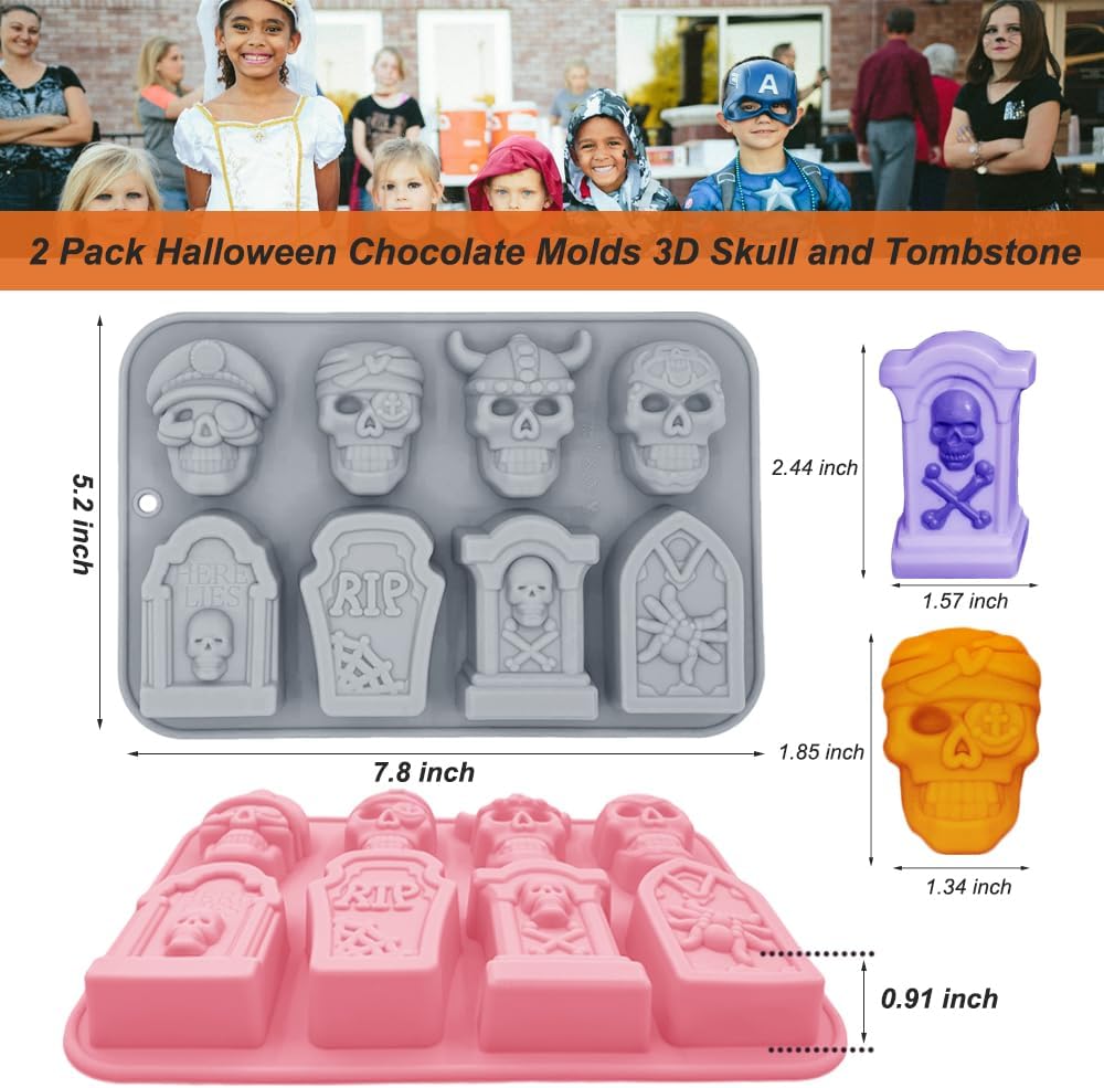 Halloween Chocolate Mold Silicone,2pcs Cavity Candy Gummy Mold with Skull and Tombstone for Baking Chocolate Jelly Gummy Desser