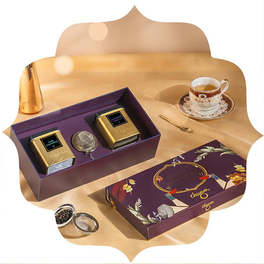 CHAYAM Blissful Infusion – Lavender Vanilla (1.76oz) & Pure Chamomile (1.1oz) Wellness Tea Gift Set + Infuser Loose Leaf Black & Herbal Tea Tin Caddies | For Better Sleep & Relaxation