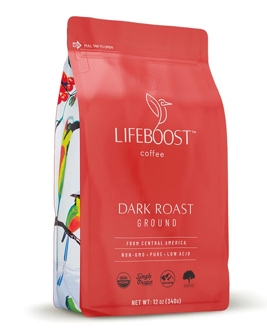 Lifeboost Dark Roast Ground Coffee - Non-GMO Low Acid Single Origin USDA Organic Dark Roast Coffee - Third Party Tested For Mycotoxins & Pesticides - 12 Ounces