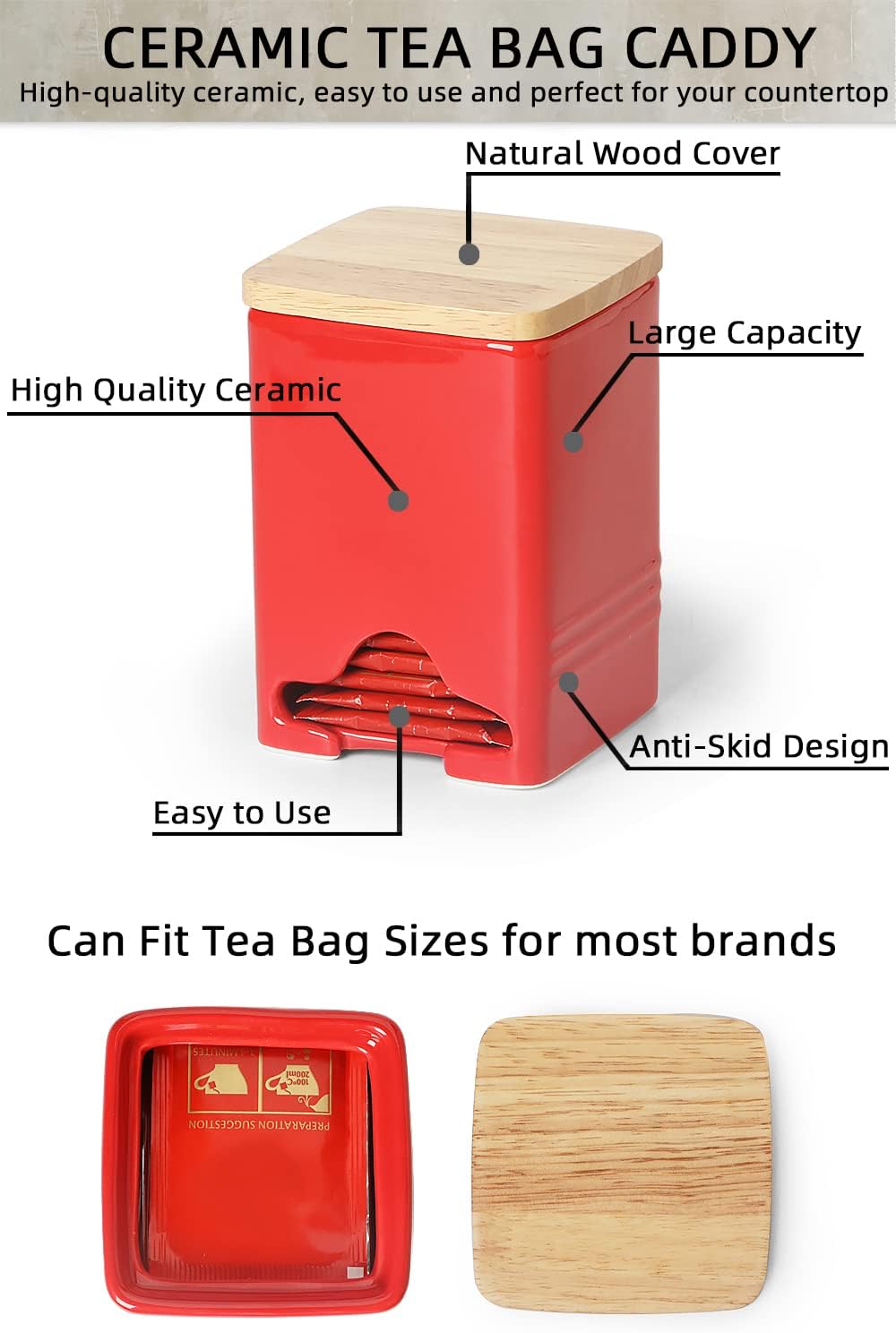 Ceramic Tea Bag Storage Organizer Caddy Holder with Lid (Red)