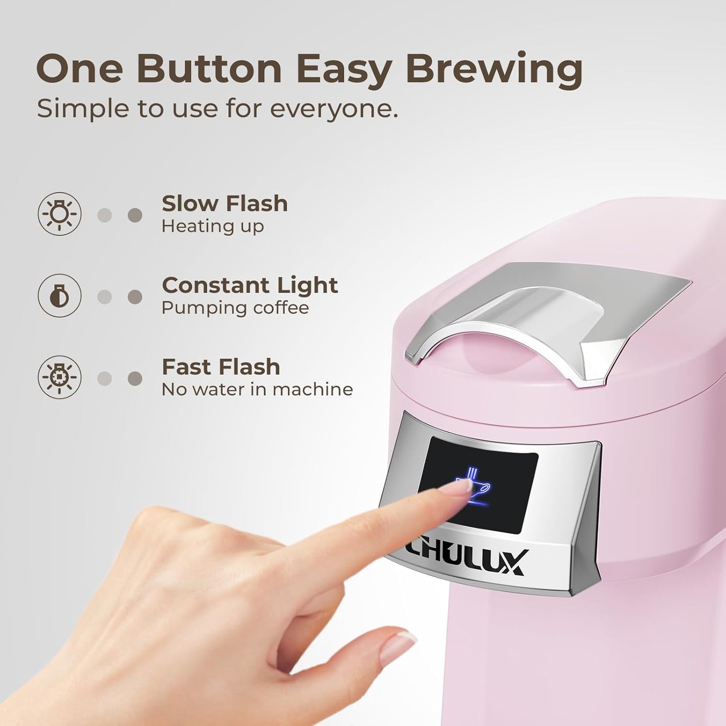 CHULUX Classic Single Serve Coffee Maker for K Cup, One Button Easy Coffee Machine for Office, RV, Travel and Dorm, Pink