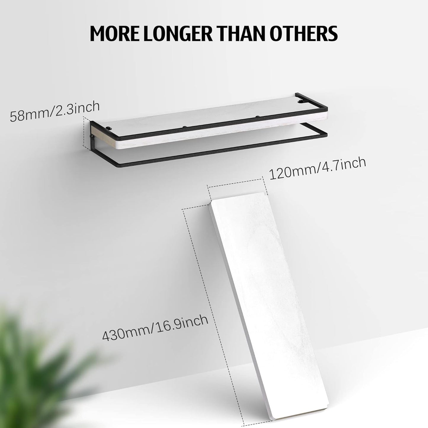 Meangood Floating Shelves Wall Mounted Set of 2, Wall Shelf with Towel Bar Rustic Wood Wall Storage Shelves for Bedroom,Living Room,Bathroom, Kitchen White