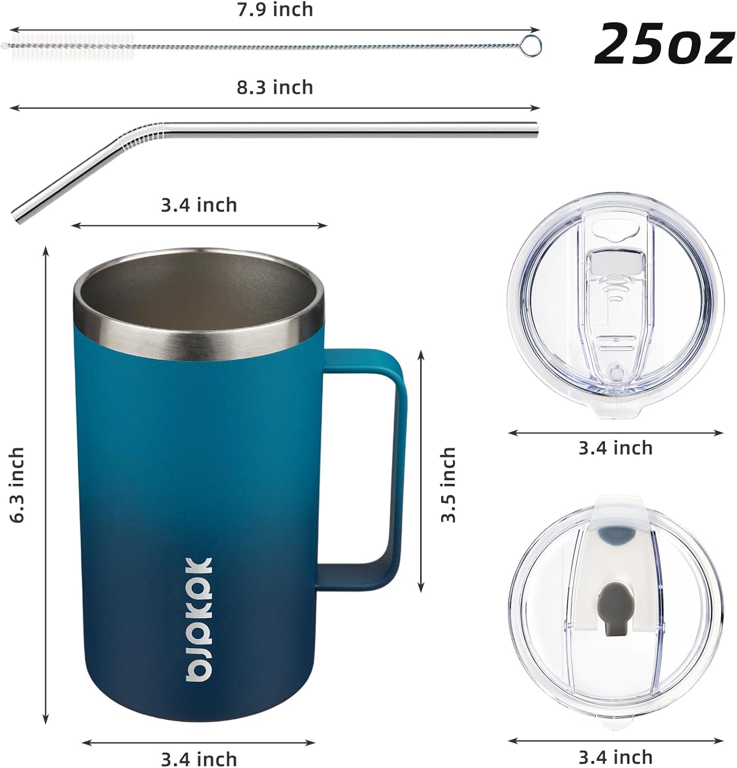 BJPKPK Insulated Coffee Mug with 2 Lids, 25oz Stainless Steel Insulated Tumbler with Handle, Double Wall Vacuum Coffee Cups, BPA Free Travel Mug for Coffee, Tea and Drinks, Vast