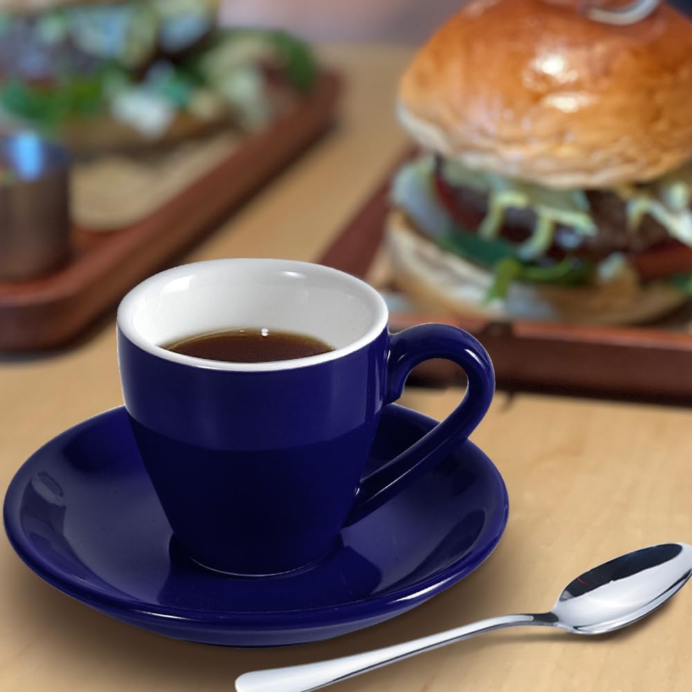 homEdge Porcelain Espresso Shot Cup Set with Saucers and Stainless Steel Spoons - 80 ml / 2.67 oz, Set of 4, Navy