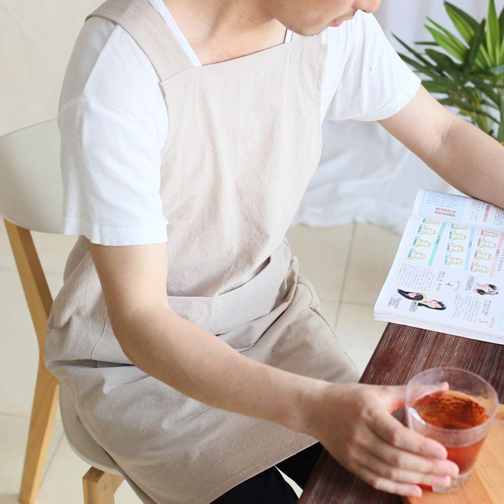 NEWGEM Japanese Linen Cross Back Cooking Aprons for Women Men with Pockets Cute for Baking Kitchen