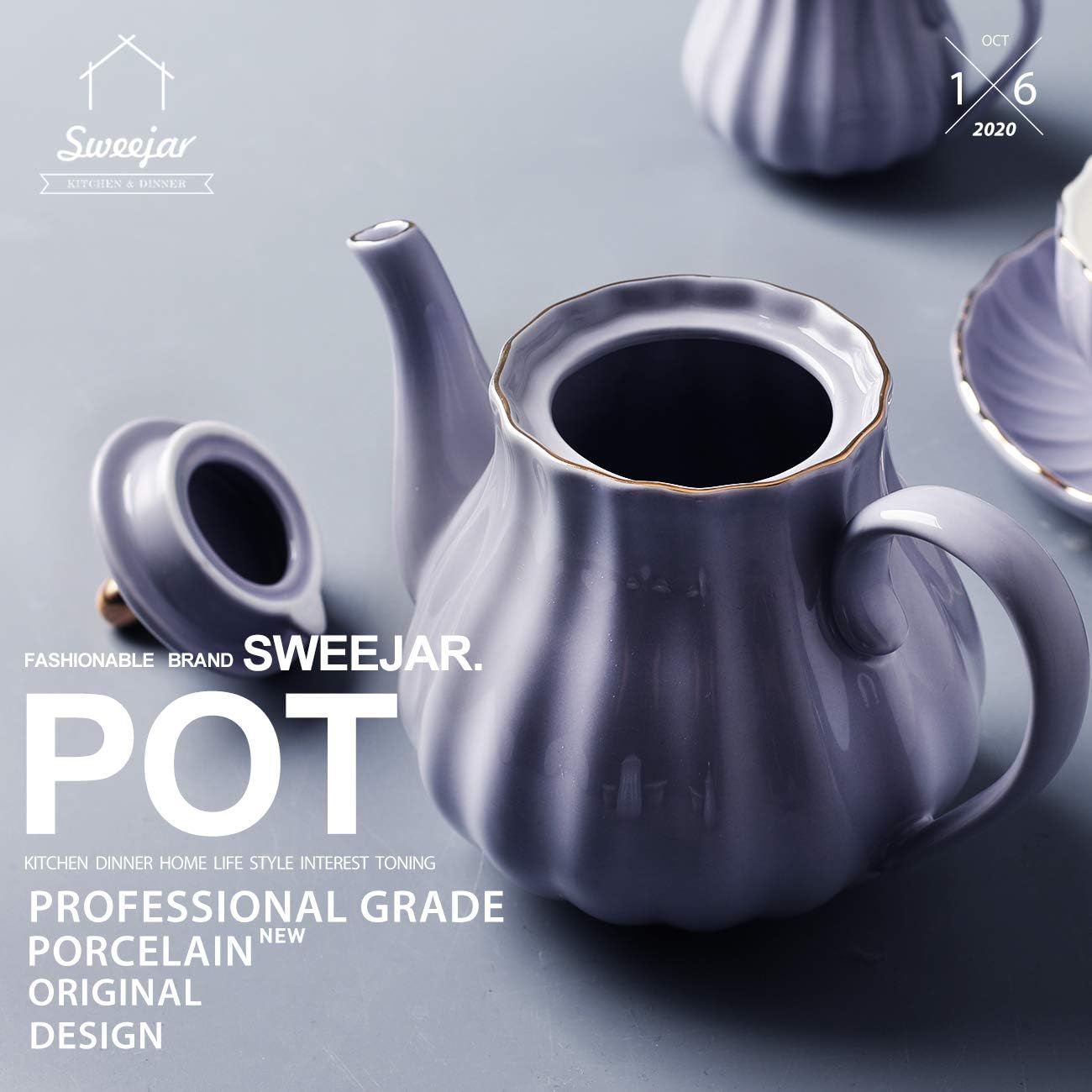 Sweejar Royal Teapot, Ceramic Tea Pot with Removable Stainless Steel Infuser, Blooming & Loose Leaf Teapot - 28 Ounce(Purple)