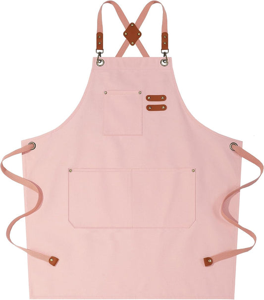 AFUN Chef Aprons for Women Men with Large Pockets, Cotton Canvas Cross Back Water Repellent Work Apron, Size M to XXL (LightPink)