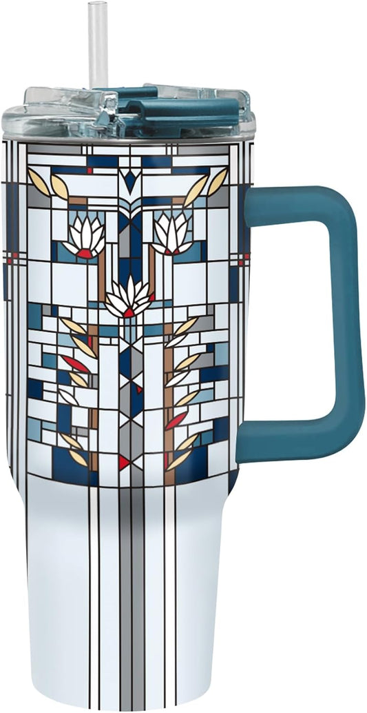 RainCaper 18/8 Stainless Steel Insulated Water Tumbler with Straw | 30oz, BPA-Free, Double Wall for Hot & Cold | Travel-Friendly, Cup Holder Ready (Frank Lloyd Wright Waterlilies)