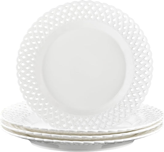 Large White Dinner Plates 12 inch, Ceramic Dinner Plates Set of 4, Basketweave Wide Rim Stackable Hotel Value Round Coupe Shape for Restaurant, Kitchen, Party, Home, Gifts, Microwave Dishwasher Safe