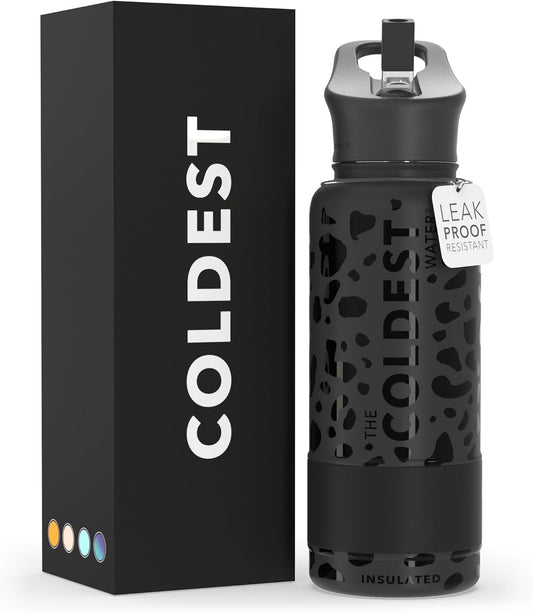 Coldest Insulated Water Bottle with Straw Lid - Stainless Steel Metal Insulated Bottle for Men & Women (Black Leopard, 32 oz)