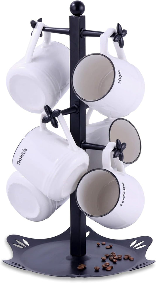 Coffee Mug Holder for Countertop, Cup Holder with 6 Hooks, Mug Stand for Counter, Coffee Bar Accessory, Mug Tree Station Organizer, Black