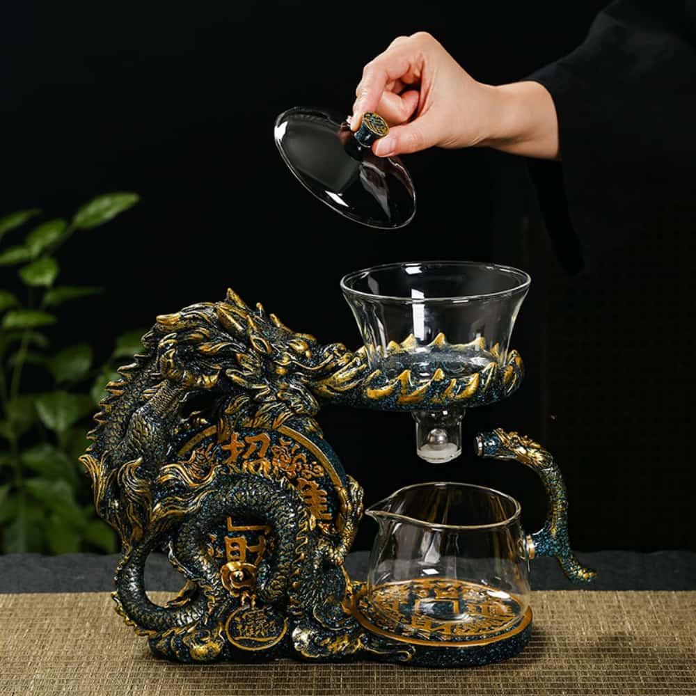 Glass Teapot Set with Infuser Semi Automatic Dragon Tea Set with 6 Small Cups (golden dragon-b)