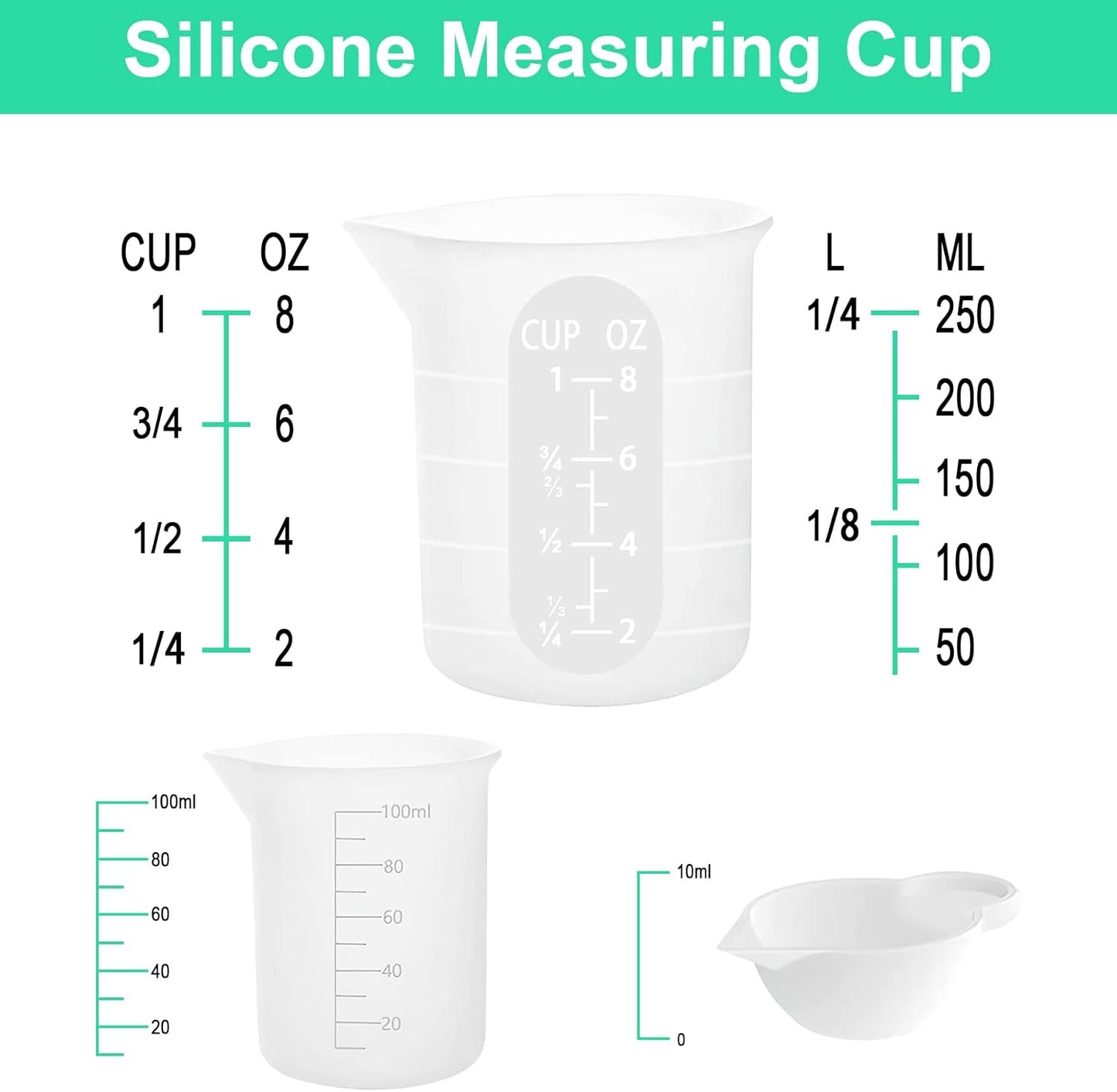 7 PCS Silicone Measuring Cups Kits,1 PCS 250ml Silicone Cups,4 PCS 100ml Non-Stick Mixing Cups,2 PCS 10ml Silicone Mold Cup Dispenser, for Casting Moulds,Jewelry Making,DIY,Crafts