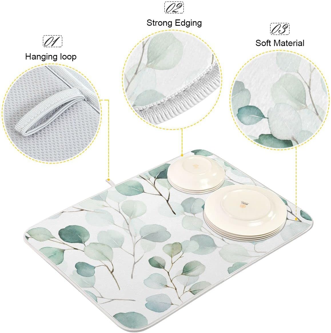 Sage Green Leaves Dish Drying Mat for Kitchen Counter Watercolor Branch Plant Drying Mat 18 x 24 Inch with High Absorbent Reversible Microfiber Dish Drying Pad Drainer Mat for Coffee Bar