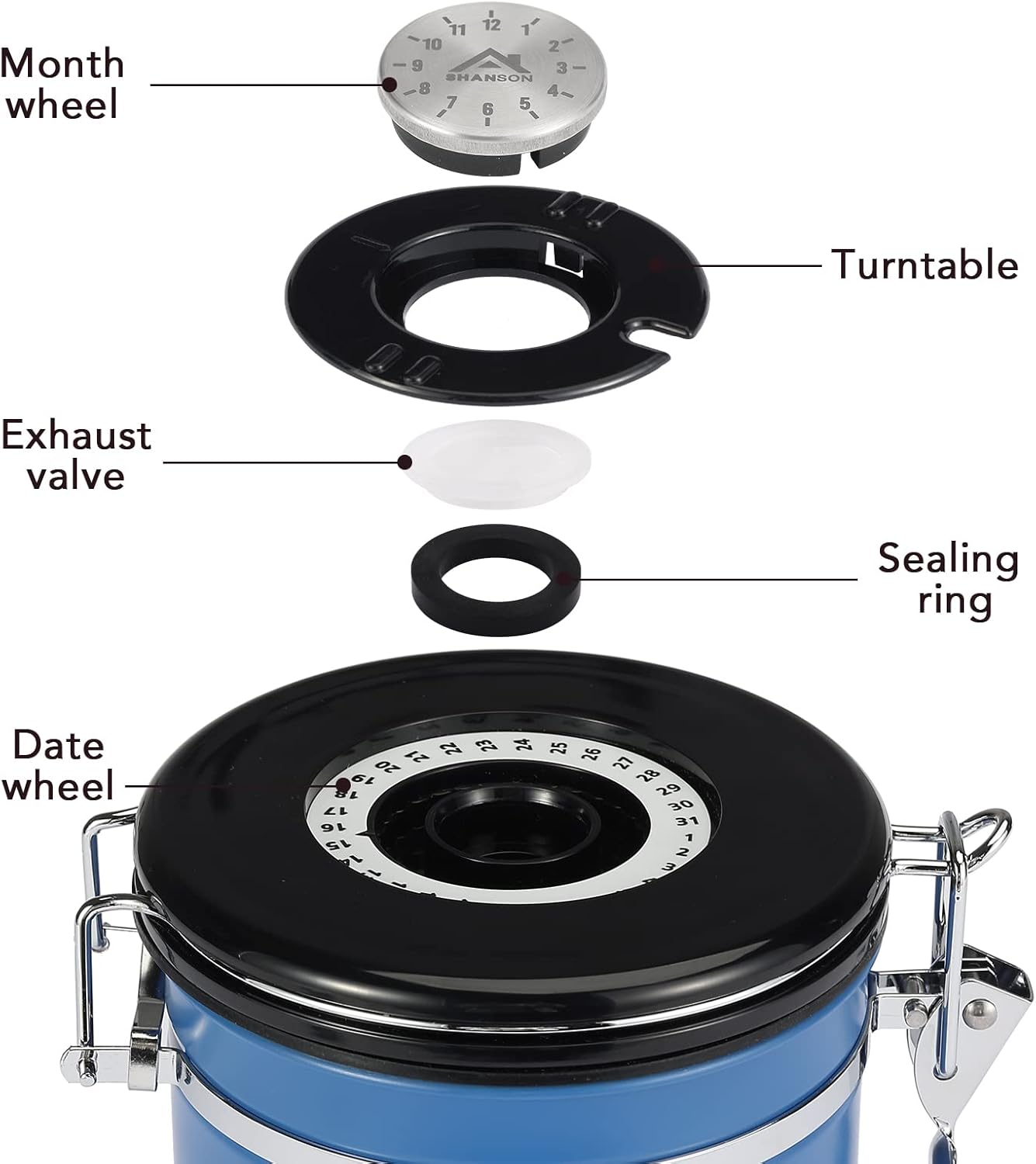 ShanSon Coffee Canister Airtight Coffee Container Stainless Steel Coffee Bean Storage Container with CO2 Release Valve and Scoop Coffee Canister for Beans,Grounds,Sugar,Flour,Tea,Cereal,16OZ,Blue