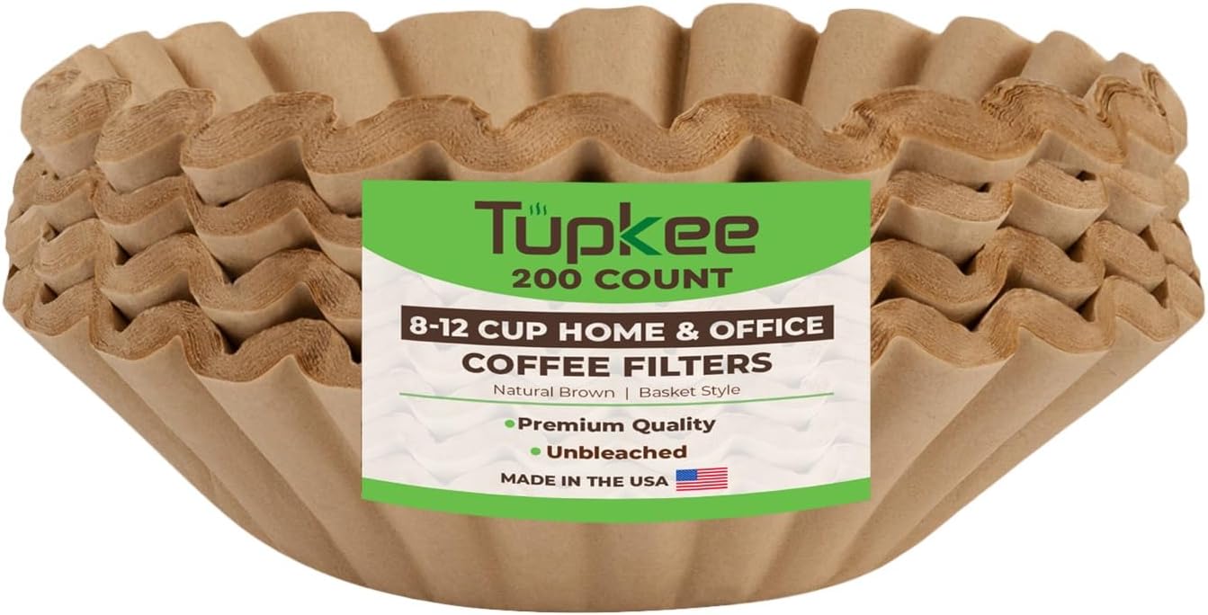 Tupkee Coffee Filters 8-12 Cups - 200 Count, Basket Style, Natural Brown Unbleached Coffee Filter, Made in the USA