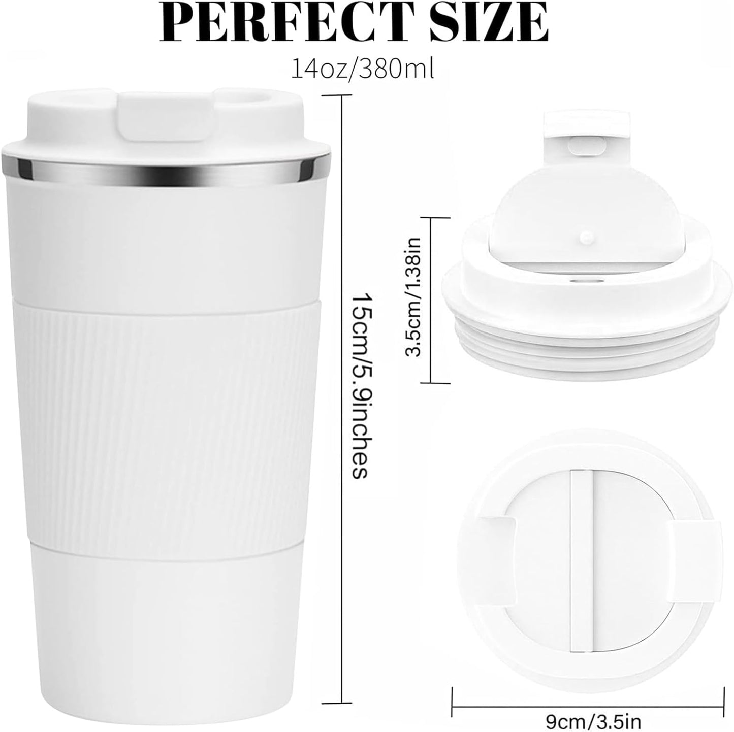 YINBAOGE Insulated Travel Coffee Mug Spill Proof Leak Proof Pobtable To Go Camping Stainless Steel Coffee Tumbler Reusable Coffee Cups with Lids Thermos for Hot and Cold Drink (White, 12 OZ)