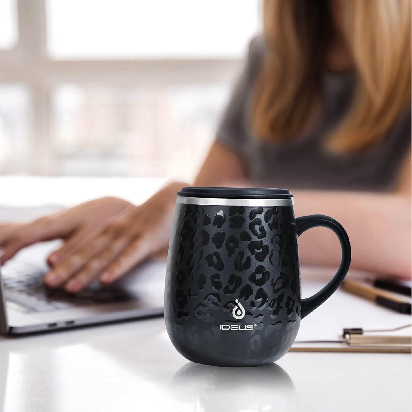 Ideus 16 oz (470 ml) Insulated Coffee Mug with Handle and Lid, Double Wall Stainless Steel Vacuum Thermal Coffee Mug, Travel Coffee Cup Thermal Cup for Home and Office, Leopard Black