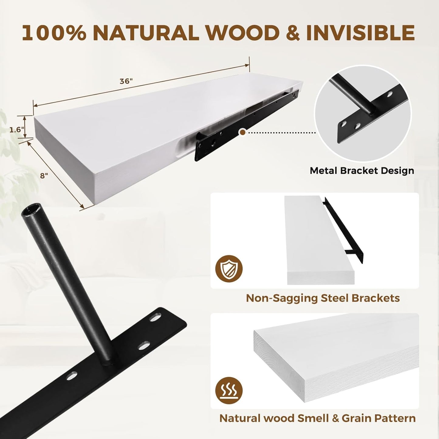 36x8x1.6 inch Floating Shelves Set of 2 – Solid Wood Rustic White Wall Mounted Shelf for Kitchen, Bathroom, Living Room