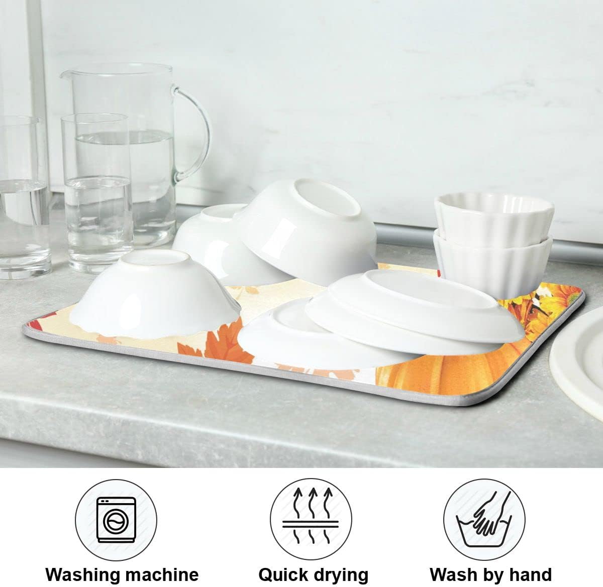 Autumn Fall Dish Drying Mat for Kitchen Counter Pumpkin Maple Leaves Drying Mat 18 x 24 Inch with Absorbent Reversible Microfiber Dish Drying Pad Dish Rack Drainer Mats for Coffee Bar
