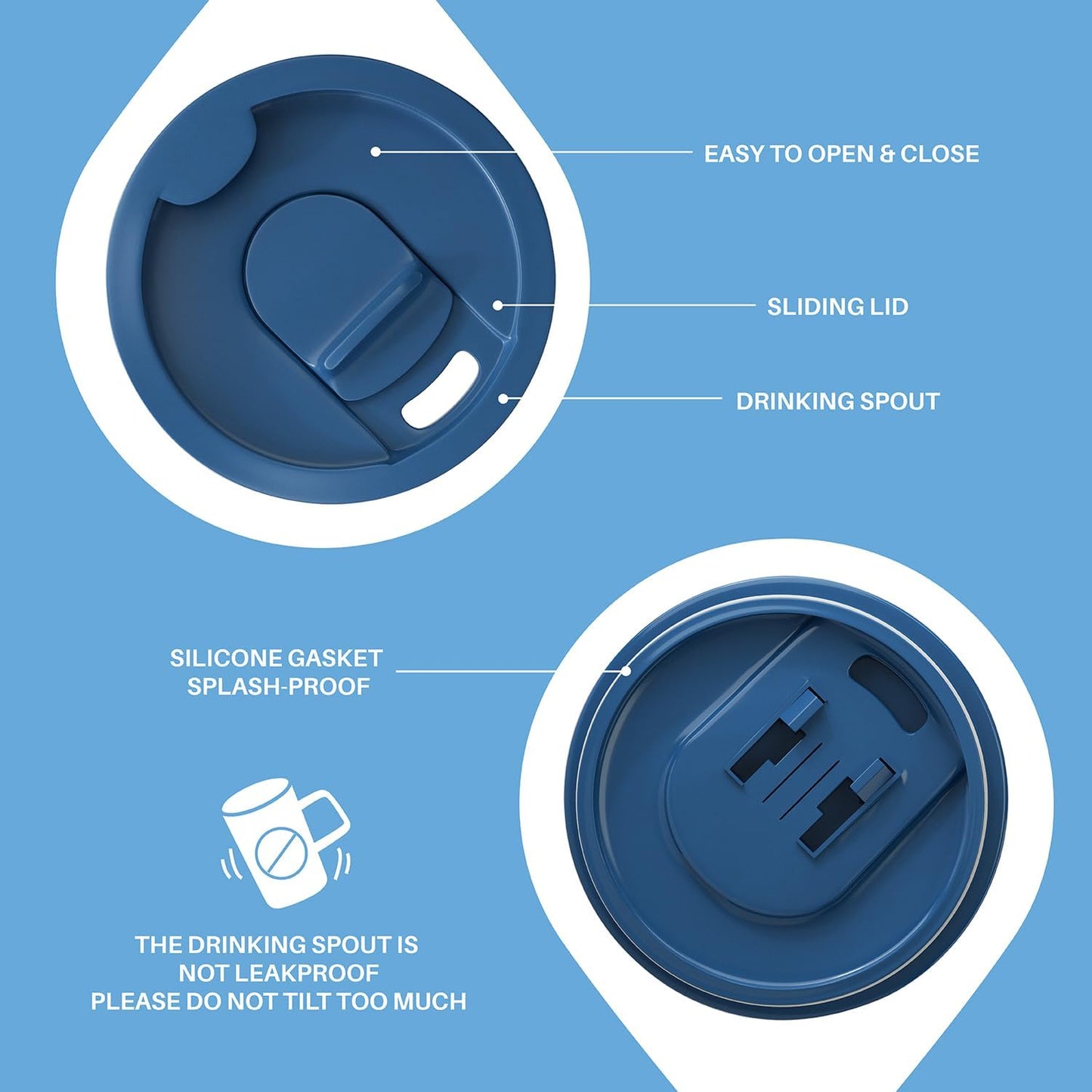 Ideus Vacuum Insulated Coffee Mug, 16oz Reusable Stainless Steel Thermal Double Walled cup with Handle and Slider Lid for Hot & Cold Beverages, BPA Free (Leapord Blue)