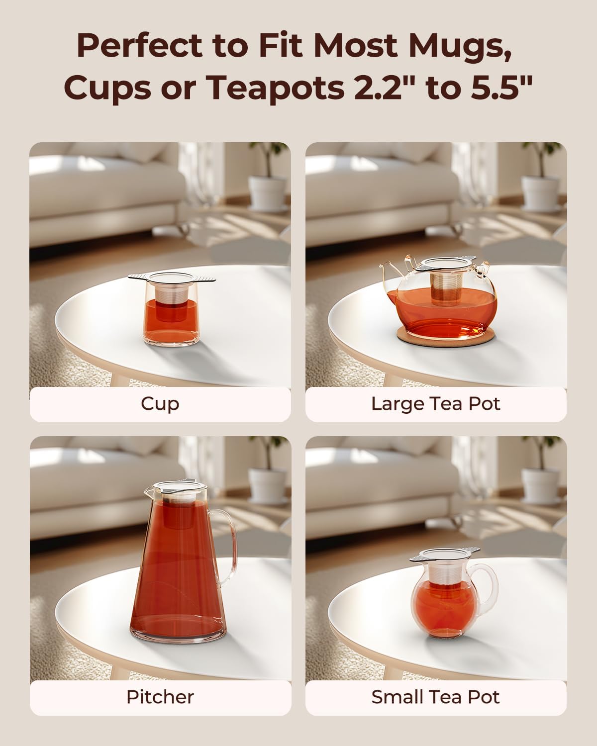 Reinmoson Large Tea Strainers & Filters for Loose Tea Single Cup, 304 Stainless Steel and Food Grade Silicone Extra Fine Mesh Tea Infusers for Loose Tea