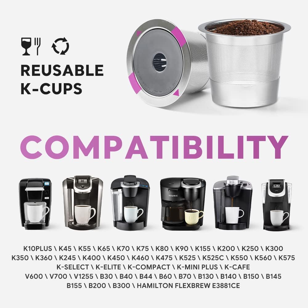 Reusable K Cups Coffee Filter, 2 Pack Stainless Steel K Cup Reusable Coffee Pods Filters with 15 O-Rings for K eurig 1.0 & 2.0 Coffee Makers Metal K-cup Refillable