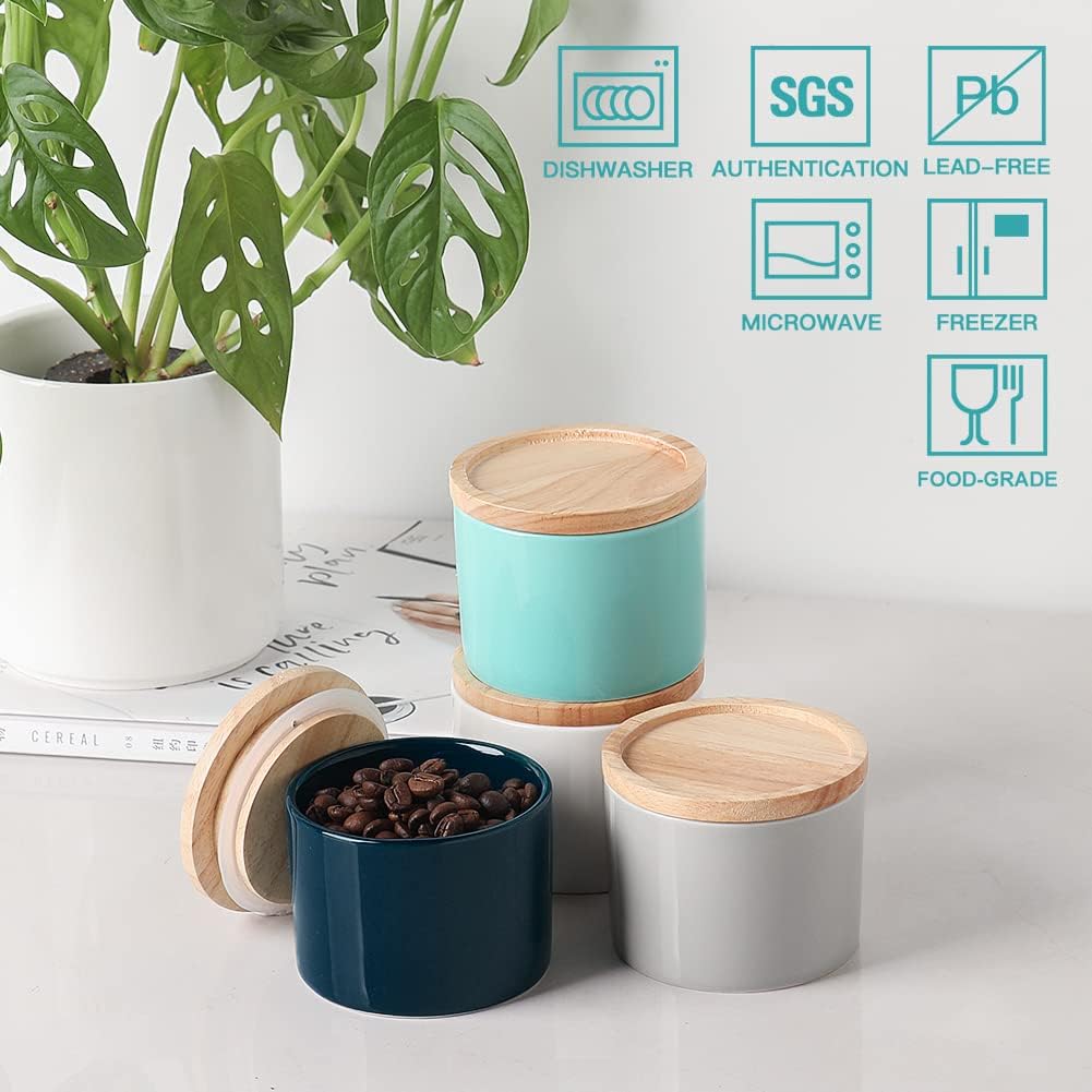 Sweejar Kitchen Canisters Ceramic Food Storage Jar, Stackable Containers with Airtight Seal Wooden Lid for Serving Ground Coffee, Tea, Sugar, Spice and More - 5 Fl Oz(Navy)