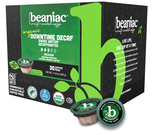 beaniac Organic Downtime Decaf Swiss Water Decaffeinated, Medium Roast, Single Serve Compostable K Cup Coffee Pods, Organic Arabica Coffee, Keurig Brewer Compatible, 30 Count