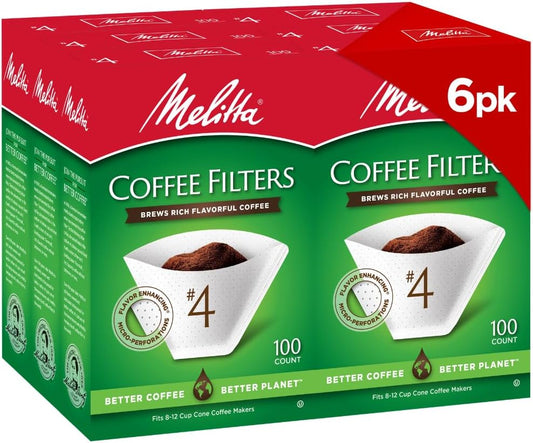 Melitta #4 Cone Coffee Filters, White, 100 Count (Pack of 6), 600 Total Filters - Packaging May Vary