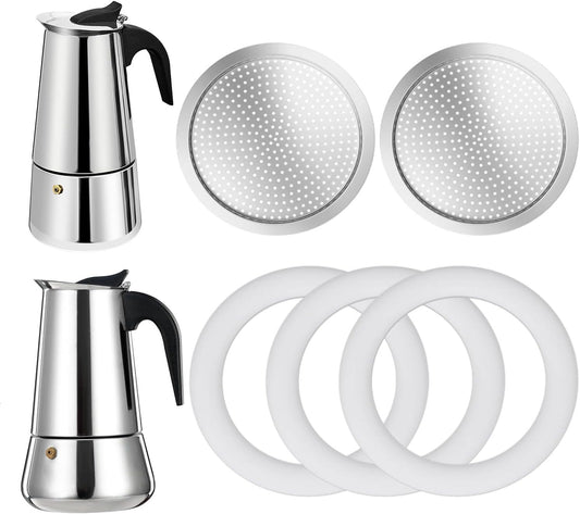 2 Pcs Filter with 3 Pcs Silicone Gasket Seals for 6 Cup Stovetop Espresso Coffee Maker Replacement Parts for Big Tummy and Straight Stainless Steel Moka Pot