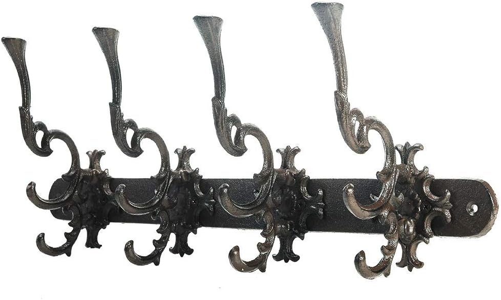 Sungmor Vintage Cast Iron Wall Hook Rack - Ornate 4-Hooks Coat and Hat Organizer - Heavy Duty Decorative Hanger for Entryway, Bathroom, or Mudroom - Retro Court Style & Rustic Bronze Finish